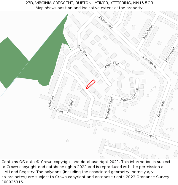 27B, VIRGINIA CRESCENT, BURTON LATIMER, KETTERING, NN15 5GB: Location map and indicative extent of plot