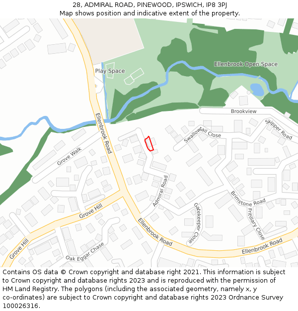 28, ADMIRAL ROAD, PINEWOOD, IPSWICH, IP8 3PJ: Location map and indicative extent of plot
