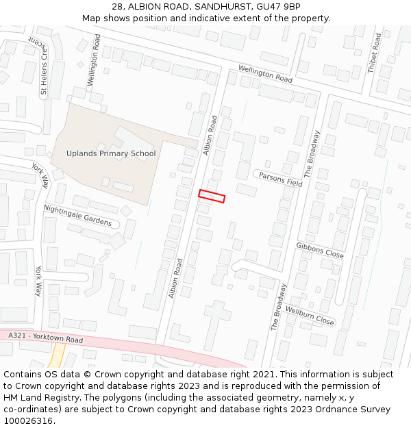 28, ALBION ROAD, SANDHURST, GU47 9BP: Location map and indicative extent of plot