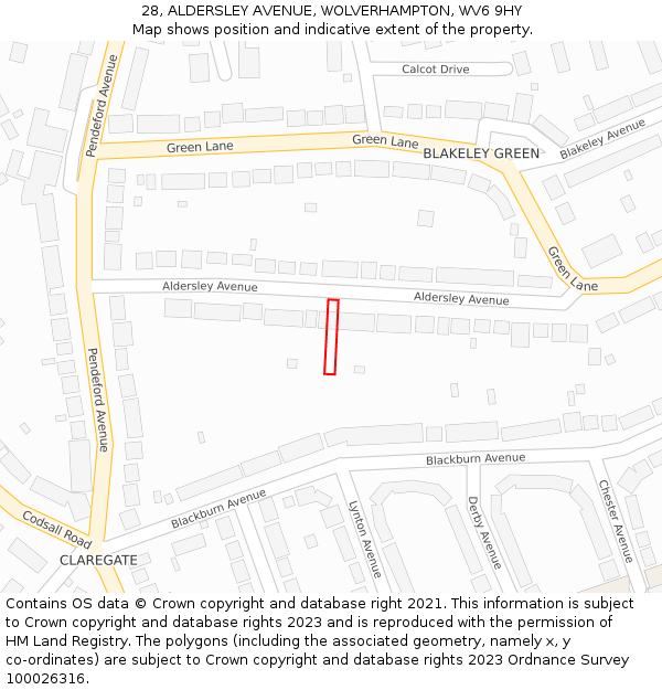 28, ALDERSLEY AVENUE, WOLVERHAMPTON, WV6 9HY: Location map and indicative extent of plot