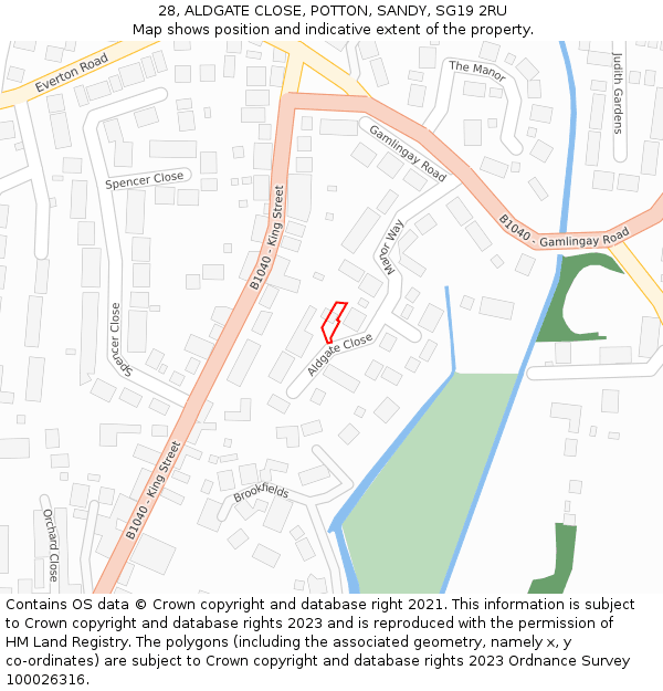 28, ALDGATE CLOSE, POTTON, SANDY, SG19 2RU: Location map and indicative extent of plot