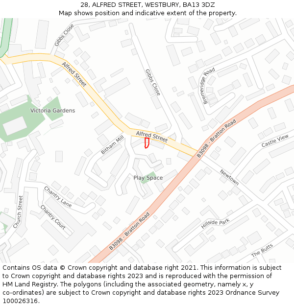 28, ALFRED STREET, WESTBURY, BA13 3DZ: Location map and indicative extent of plot