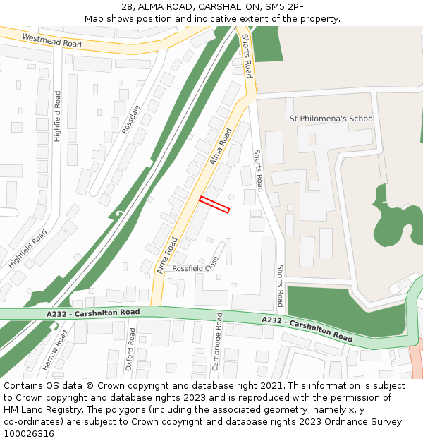 28, ALMA ROAD, CARSHALTON, SM5 2PF: Location map and indicative extent of plot