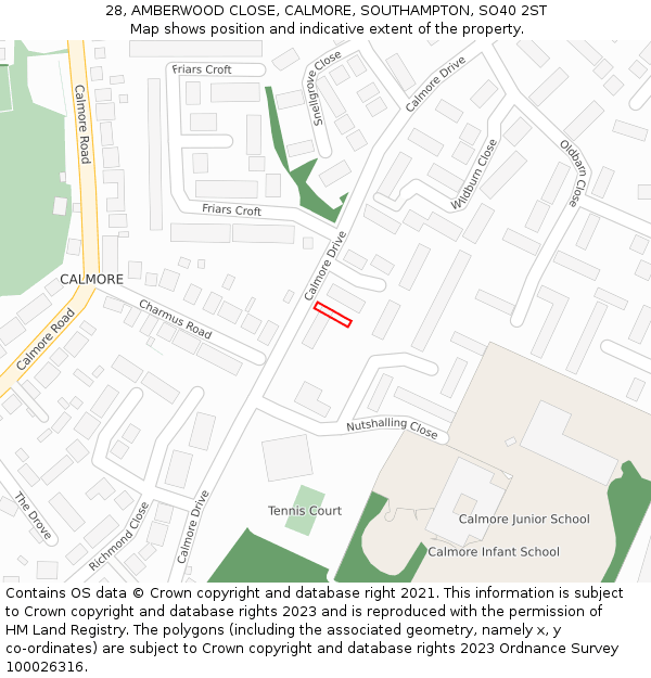 28, AMBERWOOD CLOSE, CALMORE, SOUTHAMPTON, SO40 2ST: Location map and indicative extent of plot