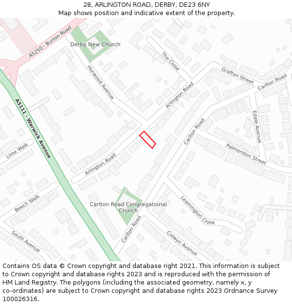 28, ARLINGTON ROAD, DERBY, DE23 6NY: Location map and indicative extent of plot