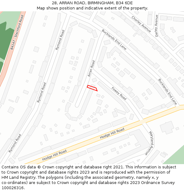 28, ARRAN ROAD, BIRMINGHAM, B34 6DE: Location map and indicative extent of plot
