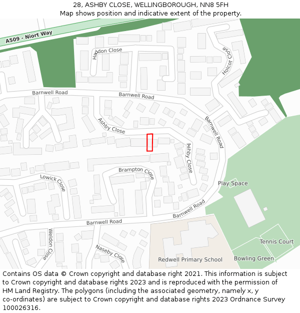 28, ASHBY CLOSE, WELLINGBOROUGH, NN8 5FH: Location map and indicative extent of plot