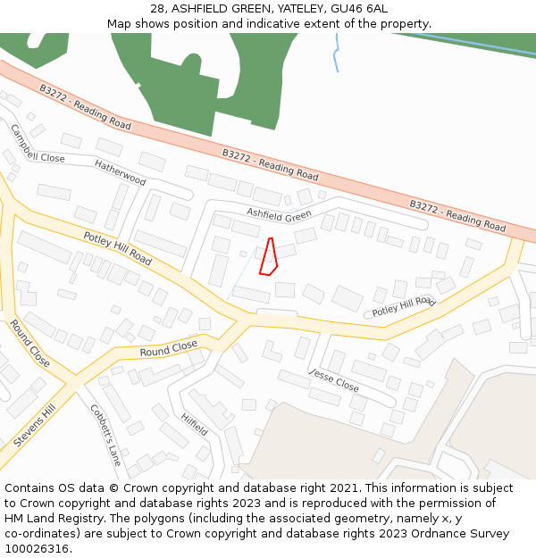 28, ASHFIELD GREEN, YATELEY, GU46 6AL: Location map and indicative extent of plot