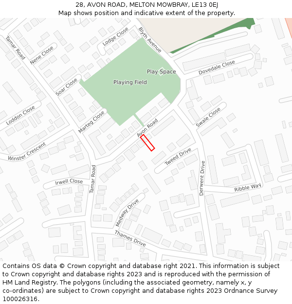 28, AVON ROAD, MELTON MOWBRAY, LE13 0EJ: Location map and indicative extent of plot