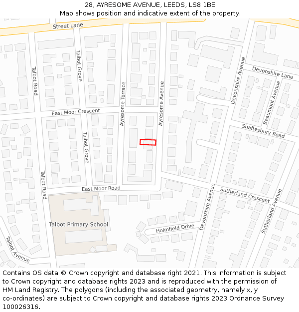 28, AYRESOME AVENUE, LEEDS, LS8 1BE: Location map and indicative extent of plot