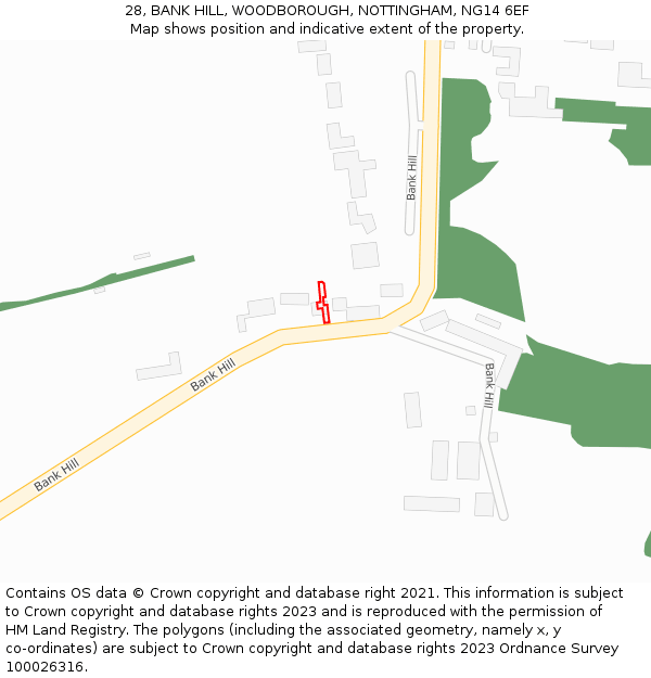 28, BANK HILL, WOODBOROUGH, NOTTINGHAM, NG14 6EF: Location map and indicative extent of plot
