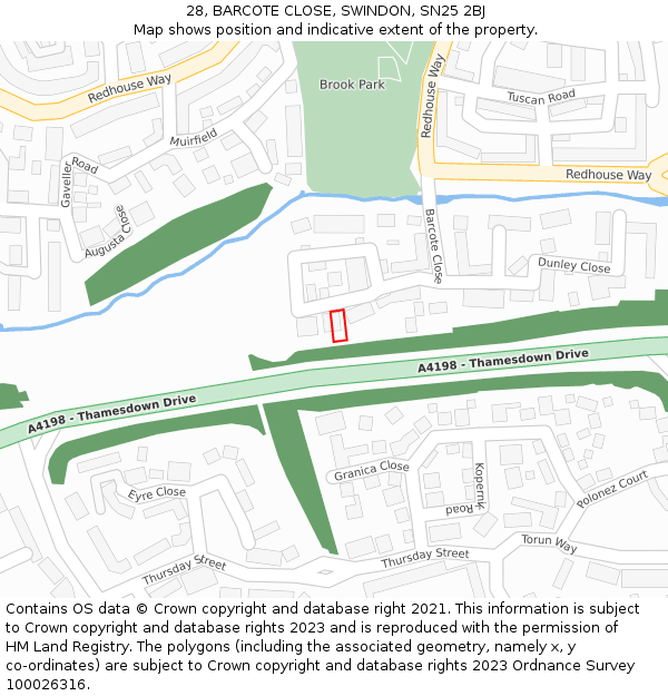 28, BARCOTE CLOSE, SWINDON, SN25 2BJ: Location map and indicative extent of plot