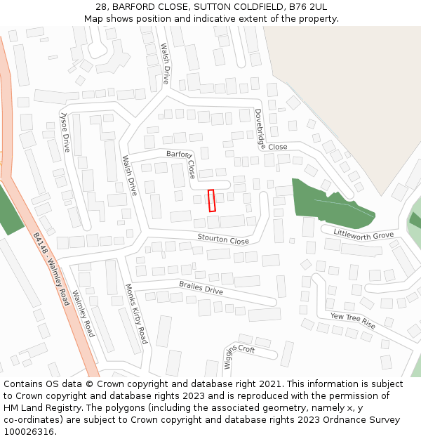 28, BARFORD CLOSE, SUTTON COLDFIELD, B76 2UL: Location map and indicative extent of plot
