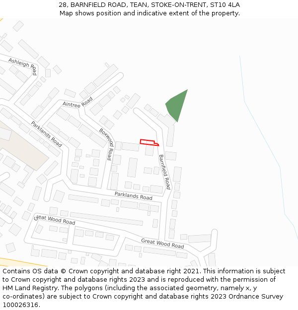 28, BARNFIELD ROAD, TEAN, STOKE-ON-TRENT, ST10 4LA: Location map and indicative extent of plot