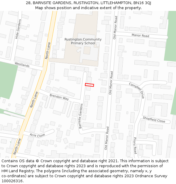 28, BARNSITE GARDENS, RUSTINGTON, LITTLEHAMPTON, BN16 3QJ: Location map and indicative extent of plot