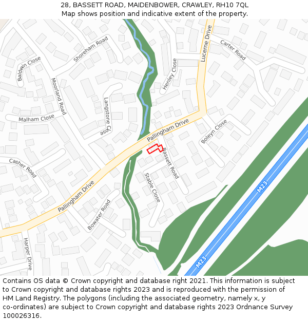 28, BASSETT ROAD, MAIDENBOWER, CRAWLEY, RH10 7QL: Location map and indicative extent of plot