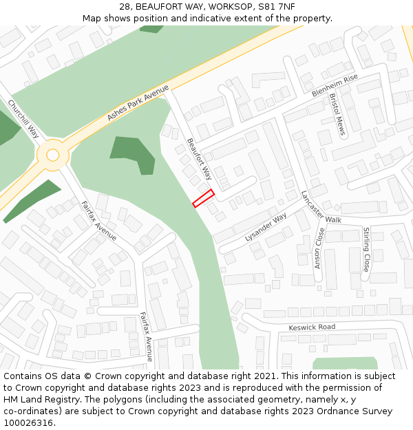 28, BEAUFORT WAY, WORKSOP, S81 7NF: Location map and indicative extent of plot