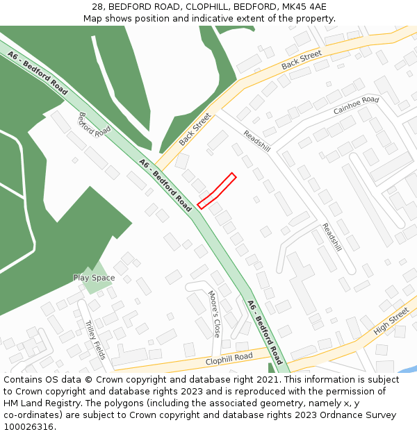 28, BEDFORD ROAD, CLOPHILL, BEDFORD, MK45 4AE: Location map and indicative extent of plot