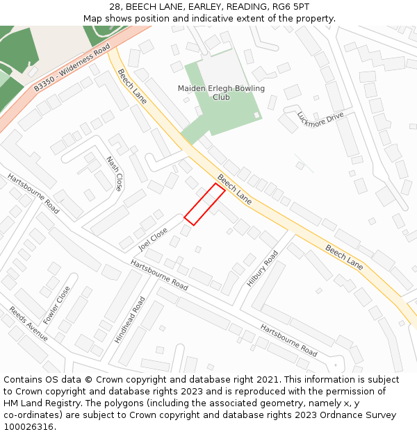 28, BEECH LANE, EARLEY, READING, RG6 5PT: Location map and indicative extent of plot