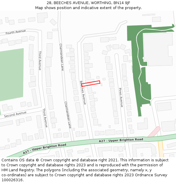 28, BEECHES AVENUE, WORTHING, BN14 9JF: Location map and indicative extent of plot