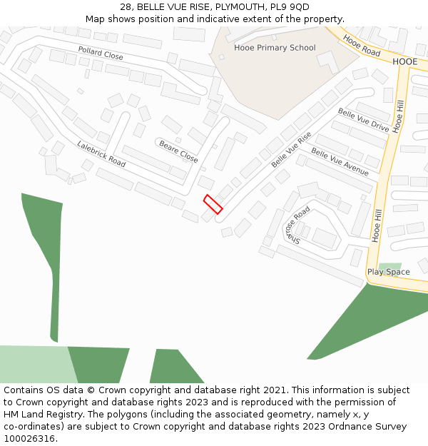 28, BELLE VUE RISE, PLYMOUTH, PL9 9QD: Location map and indicative extent of plot