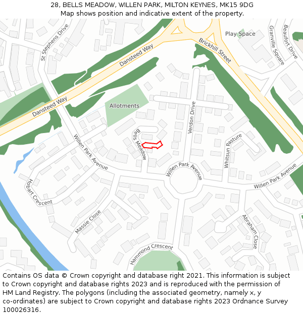 28, BELLS MEADOW, WILLEN PARK, MILTON KEYNES, MK15 9DG: Location map and indicative extent of plot