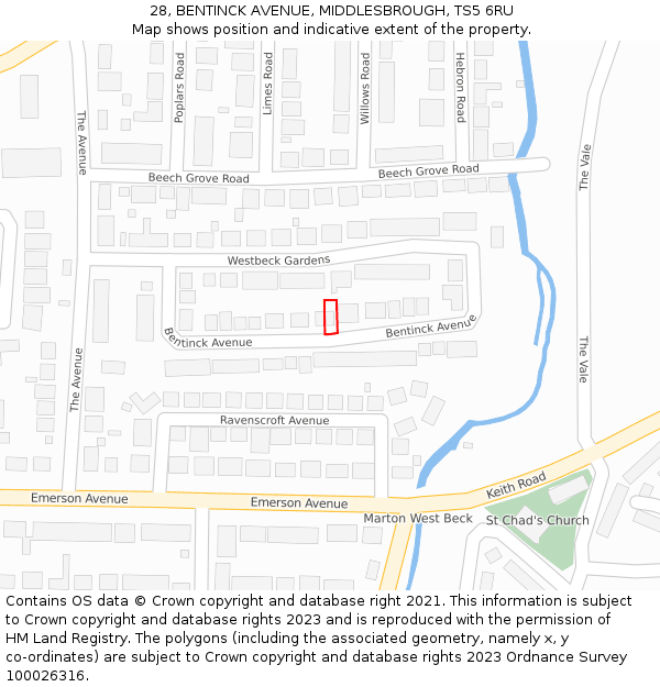 28, BENTINCK AVENUE, MIDDLESBROUGH, TS5 6RU: Location map and indicative extent of plot