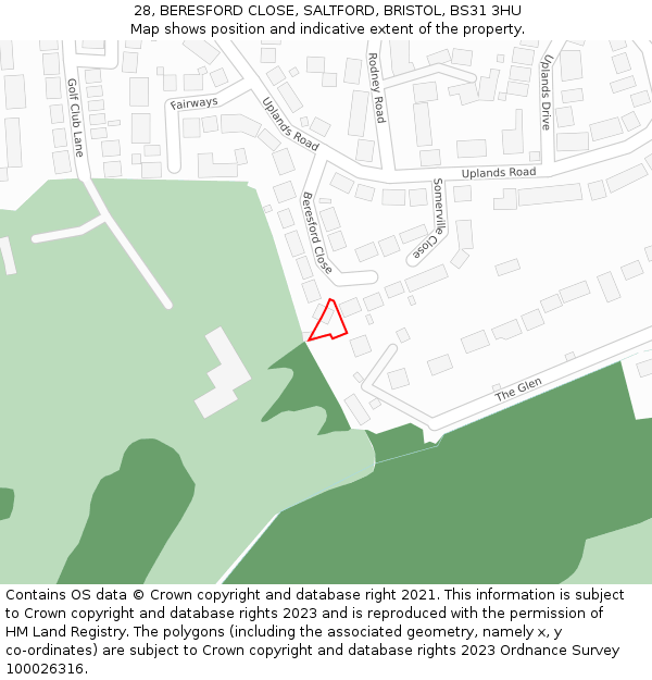 28, BERESFORD CLOSE, SALTFORD, BRISTOL, BS31 3HU: Location map and indicative extent of plot