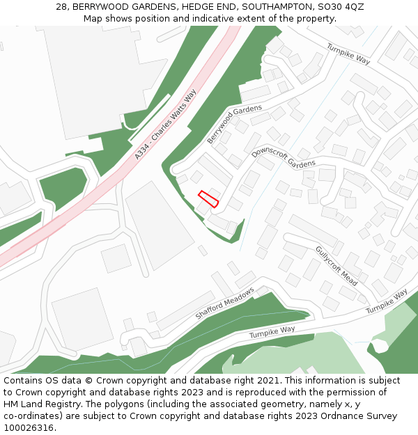 28, BERRYWOOD GARDENS, HEDGE END, SOUTHAMPTON, SO30 4QZ: Location map and indicative extent of plot