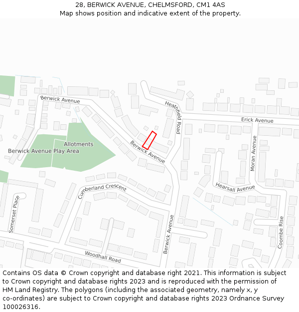 28, BERWICK AVENUE, CHELMSFORD, CM1 4AS: Location map and indicative extent of plot