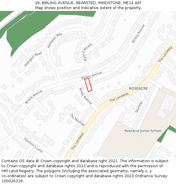 28, BIRLING AVENUE, BEARSTED, MAIDSTONE, ME14 4AT: Location map and indicative extent of plot