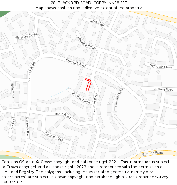 28, BLACKBIRD ROAD, CORBY, NN18 8FE: Location map and indicative extent of plot