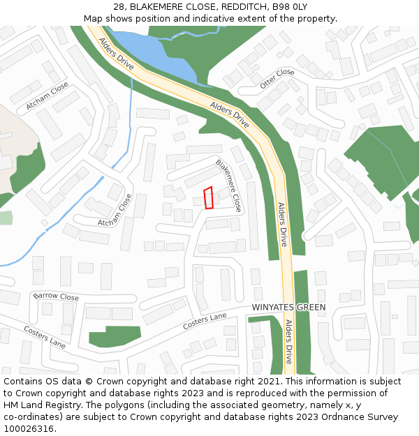 28, BLAKEMERE CLOSE, REDDITCH, B98 0LY: Location map and indicative extent of plot