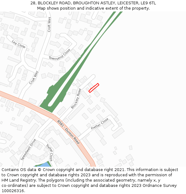 28, BLOCKLEY ROAD, BROUGHTON ASTLEY, LEICESTER, LE9 6TL: Location map and indicative extent of plot