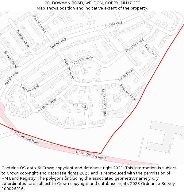 28, BOWMAN ROAD, WELDON, CORBY, NN17 3FF: Location map and indicative extent of plot
