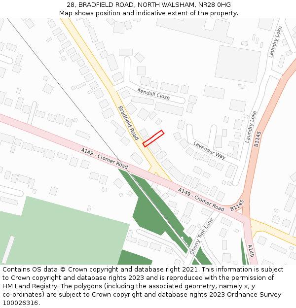 28, BRADFIELD ROAD, NORTH WALSHAM, NR28 0HG: Location map and indicative extent of plot