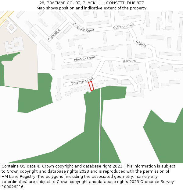 28, BRAEMAR COURT, BLACKHILL, CONSETT, DH8 8TZ: Location map and indicative extent of plot