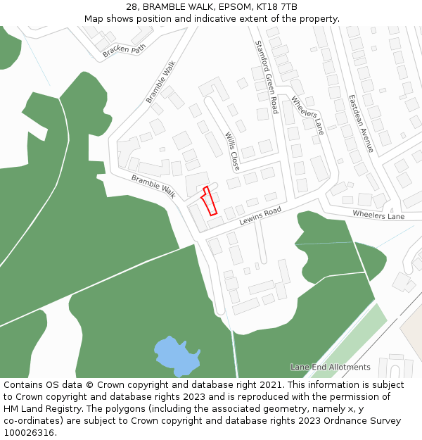 28, BRAMBLE WALK, EPSOM, KT18 7TB: Location map and indicative extent of plot