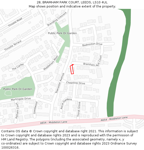 28, BRAMHAM PARK COURT, LEEDS, LS10 4UL: Location map and indicative extent of plot