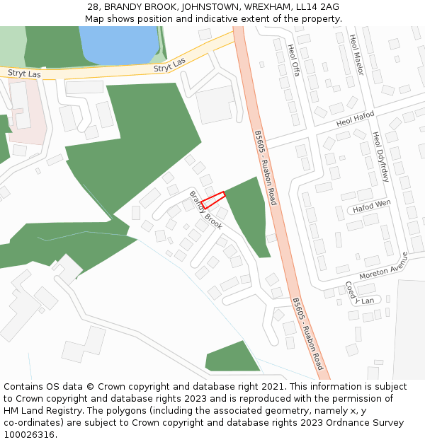 28, BRANDY BROOK, JOHNSTOWN, WREXHAM, LL14 2AG: Location map and indicative extent of plot