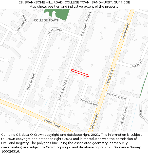 28, BRANKSOME HILL ROAD, COLLEGE TOWN, SANDHURST, GU47 0QE: Location map and indicative extent of plot