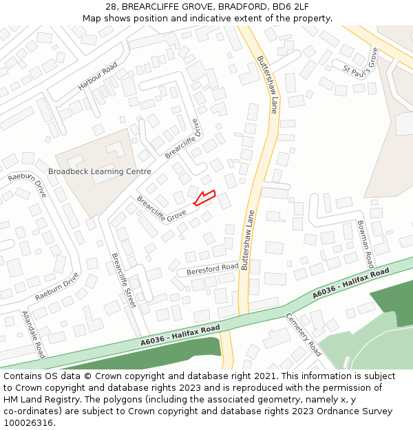 28, BREARCLIFFE GROVE, BRADFORD, BD6 2LF: Location map and indicative extent of plot
