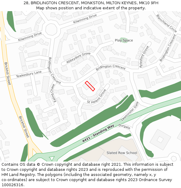 28, BRIDLINGTON CRESCENT, MONKSTON, MILTON KEYNES, MK10 9FH: Location map and indicative extent of plot