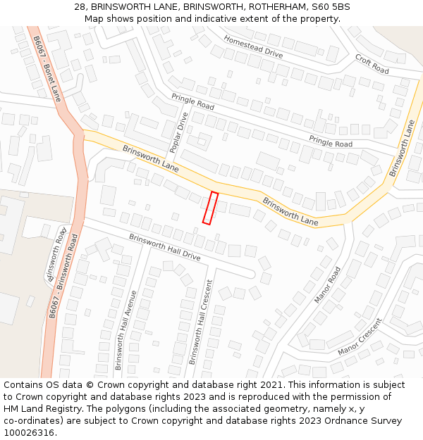 28, BRINSWORTH LANE, BRINSWORTH, ROTHERHAM, S60 5BS: Location map and indicative extent of plot