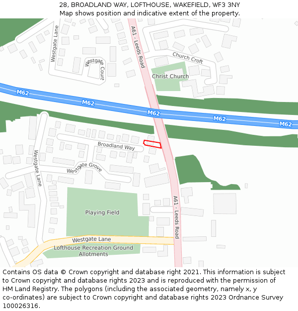 28, BROADLAND WAY, LOFTHOUSE, WAKEFIELD, WF3 3NY: Location map and indicative extent of plot