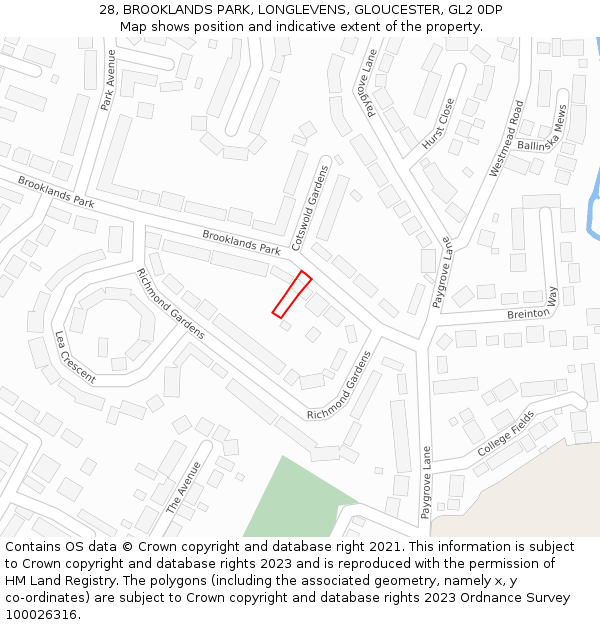 28, BROOKLANDS PARK, LONGLEVENS, GLOUCESTER, GL2 0DP: Location map and indicative extent of plot