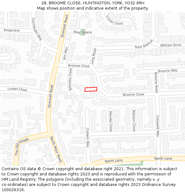 28, BROOME CLOSE, HUNTINGTON, YORK, YO32 9RH: Location map and indicative extent of plot