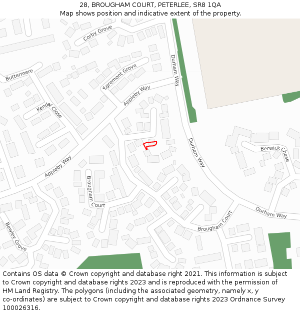 28, BROUGHAM COURT, PETERLEE, SR8 1QA: Location map and indicative extent of plot