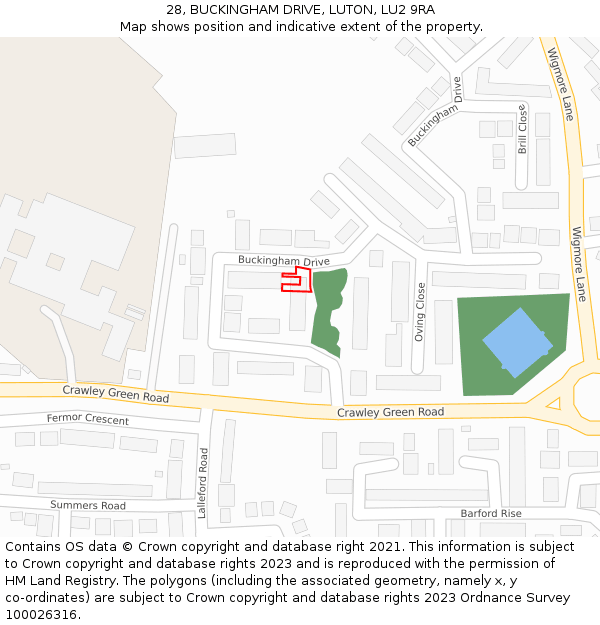 28, BUCKINGHAM DRIVE, LUTON, LU2 9RA: Location map and indicative extent of plot