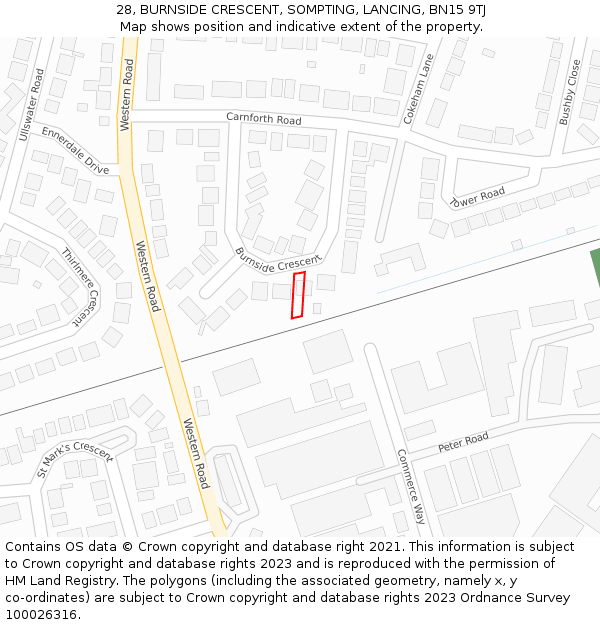 28, BURNSIDE CRESCENT, SOMPTING, LANCING, BN15 9TJ: Location map and indicative extent of plot